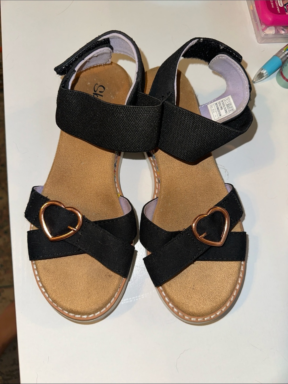 Skechers Girls Black Sandals with Rose Gold Heart Accent